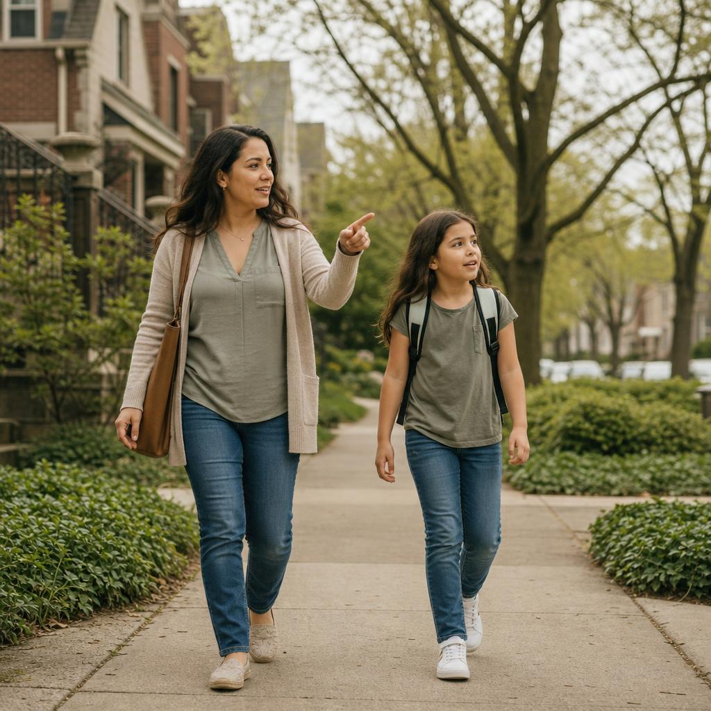 A mother and child walking through a tree-lined North Shore neighborhood