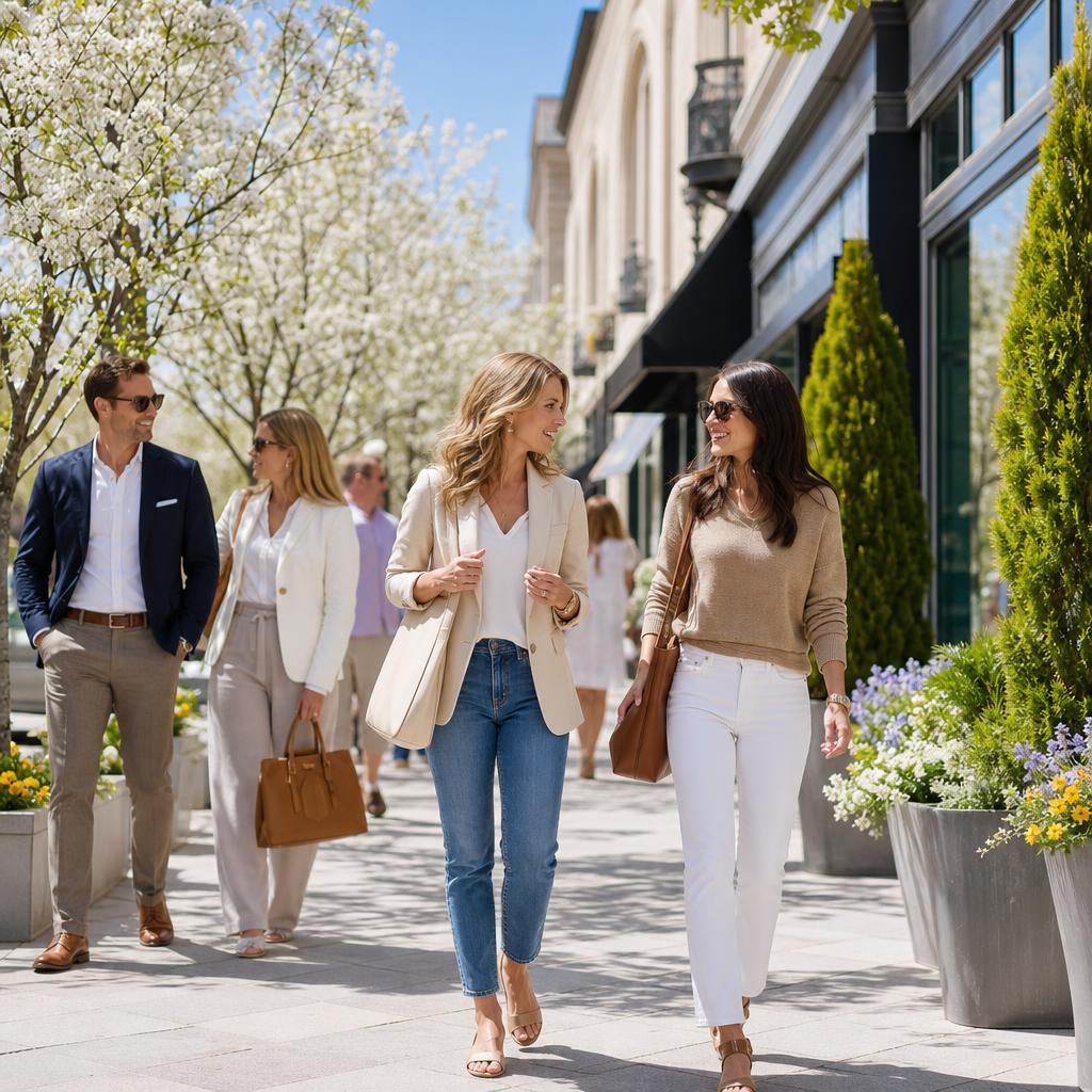 People walking and talking on a bright tree-lined street in spring